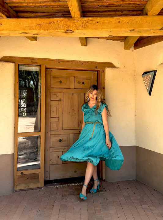 Vintage Sundress Sz. L Teal Floral Brocade Party Dress Midi Length Pocket Dress Size Large