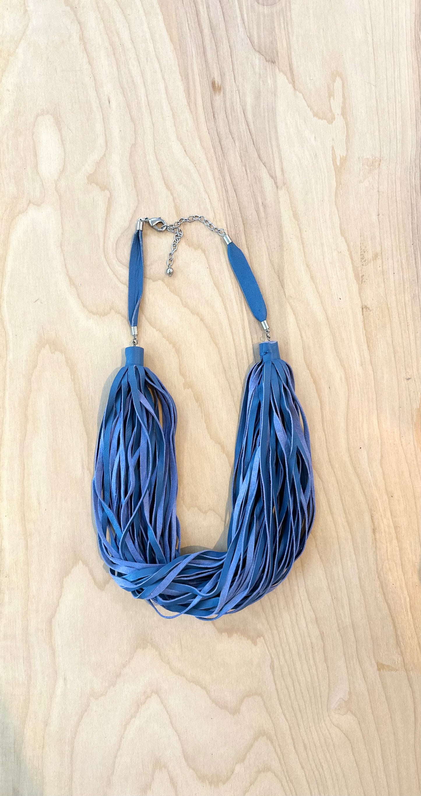 Cut Leather Fringe Strand Blue Necklace Avant Garde Modernist Statement Necklace