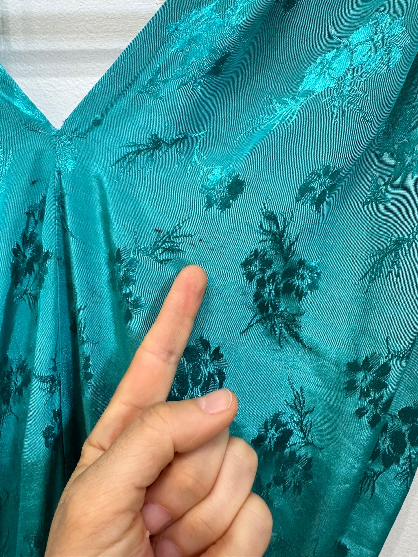 Vintage Sundress Sz. L Teal Floral Brocade Party Dress Midi Length Pocket Dress Size Large
