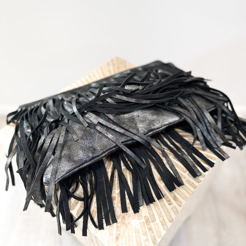 Fringe Leather Bag Black Metallic Silver Clutch Avant Garde Retro Y2K Bag