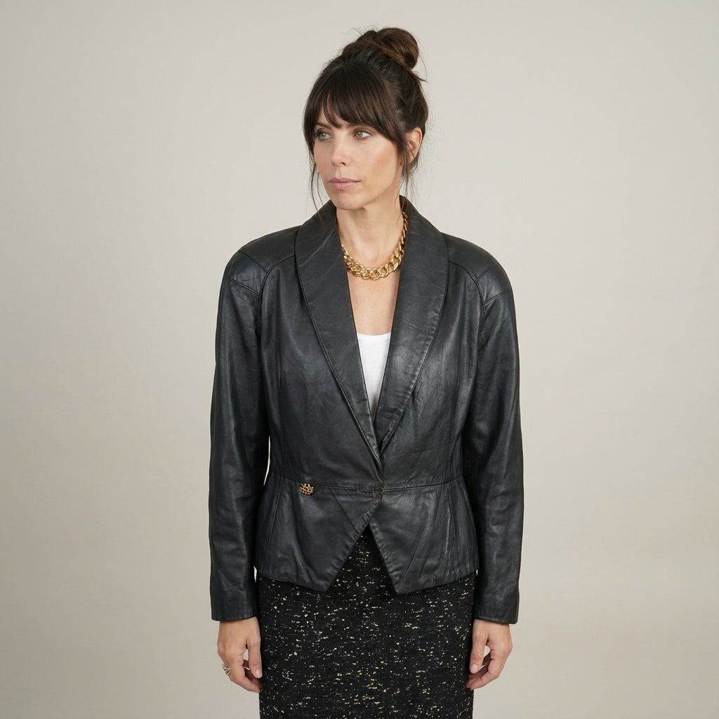 Vintage Black Leather Women's Moto Biker Style Cropped Blazer Dress Jacket