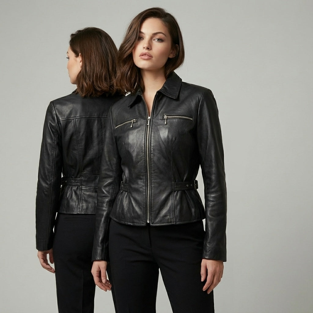 Vintage Black Leather Jacket Women's Moto Biker Style Cropped Peplum Size  S