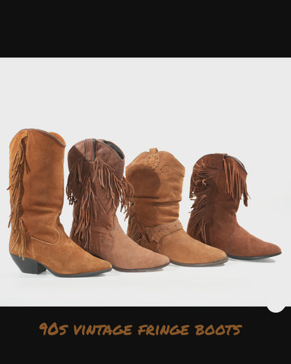 Vintage Fringe Boots Size 7.5 Brown 90s Southwestern Leather Cowboy Cowgirl Boots