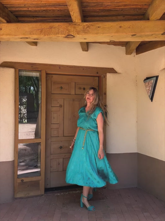 Vintage Sundress Sz. L Teal Floral Brocade Party Dress Midi Length Pocket Dress Size Large