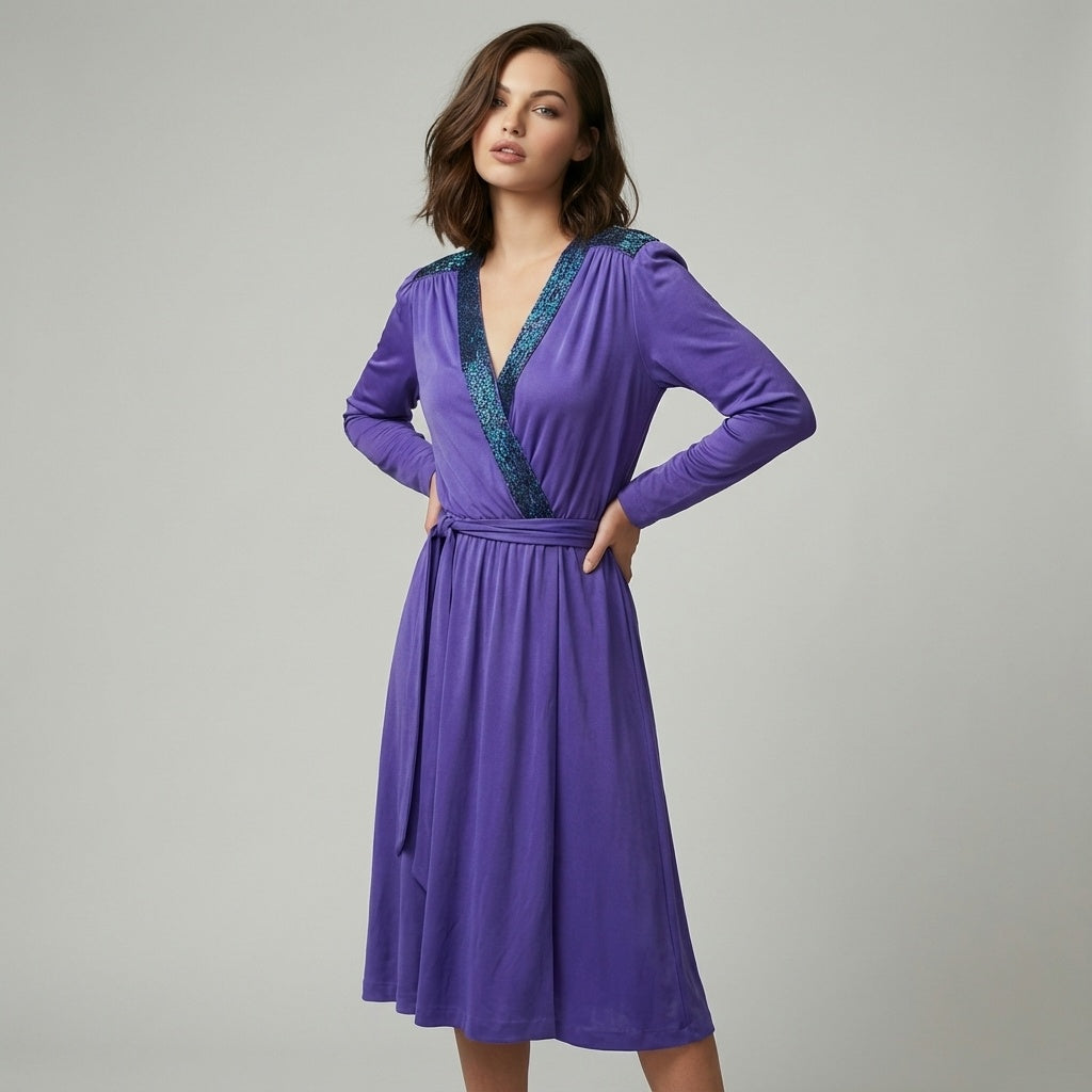 Vintage Purple DISCO Glam 70s 80s Wrap Beaded Party Dress Free Size