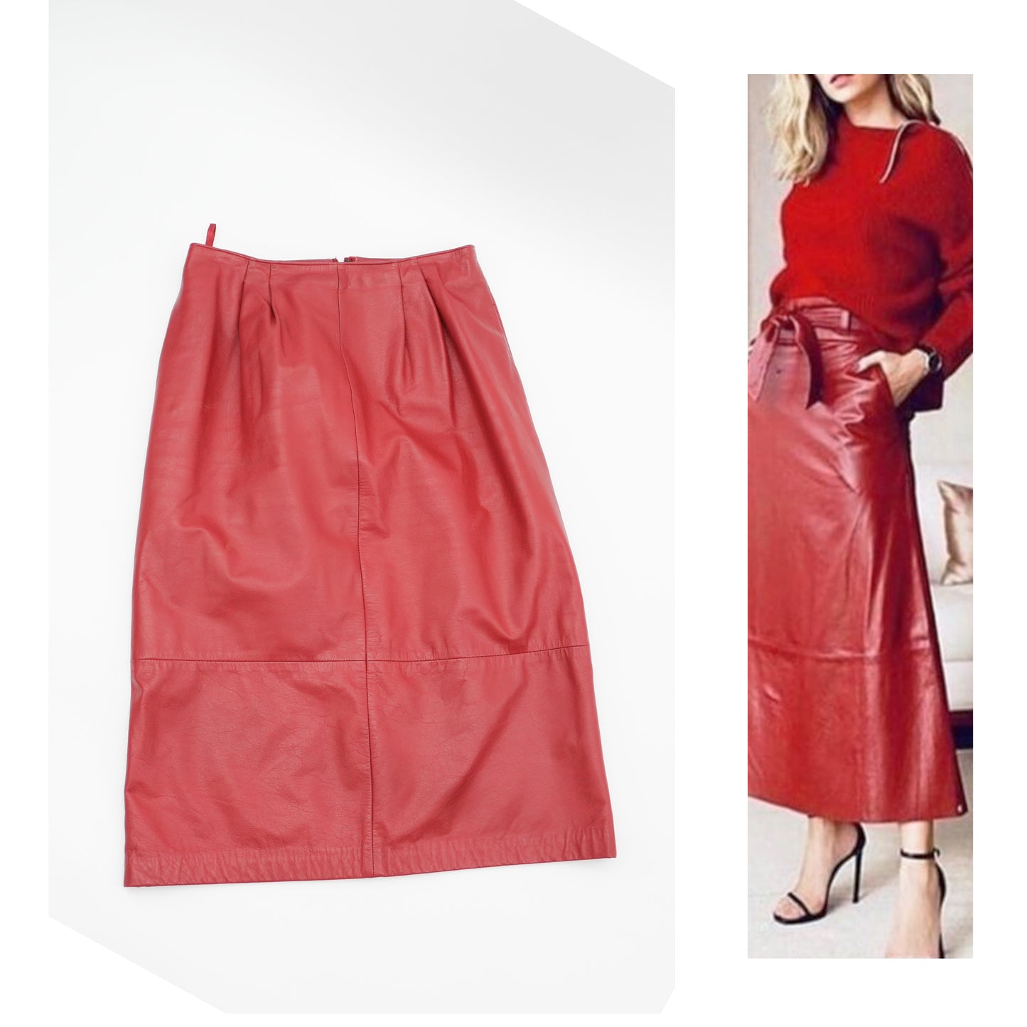 Vintage Red Leather Midi Skirt - High Waisted A-Line Classic Retro Style Size Medium