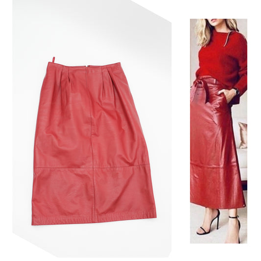 Vintage Red Leather Midi Skirt - High Waisted A-Line Classic Retro Style Size Medium