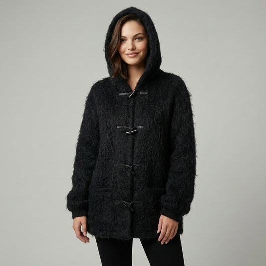 Vintage Shaggy Mohair Sweater Coat Teddy Hooded SCOTTISH WOOL Jacket Size Large