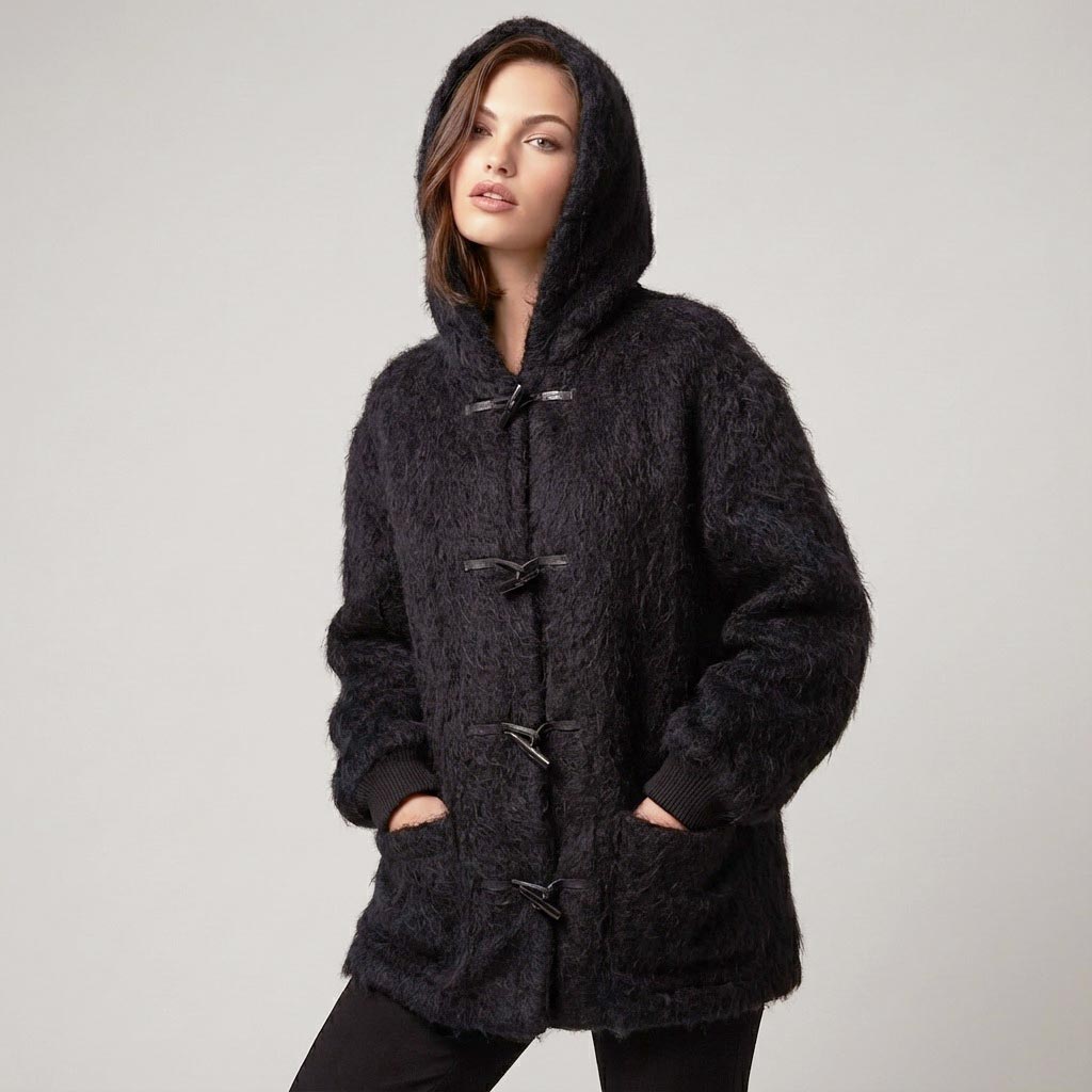 Vintage Shaggy Mohair Sweater Coat Teddy Hooded SCOTTISH WOOL Jacket Size Large