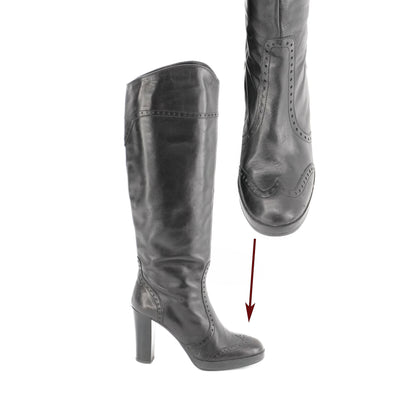 Vintage Black Leather Tall Boots Size 7.5 Chunky Heel 90s Equestrian Riding Boots