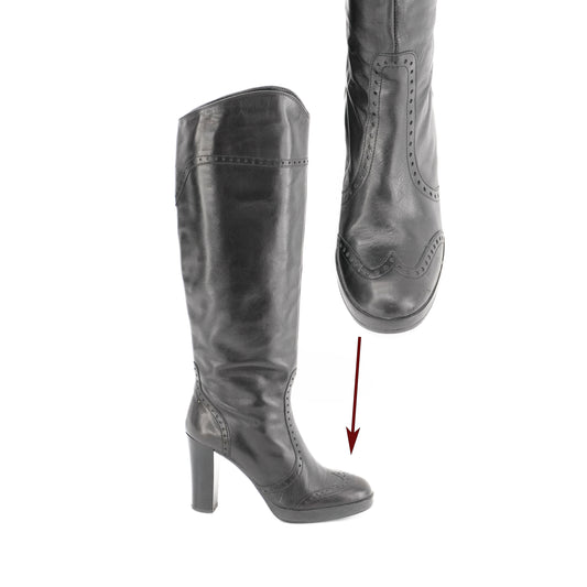 Vintage Black Leather Tall Boots Size 7.5 Chunky Heel 90s Equestrian Riding Boots