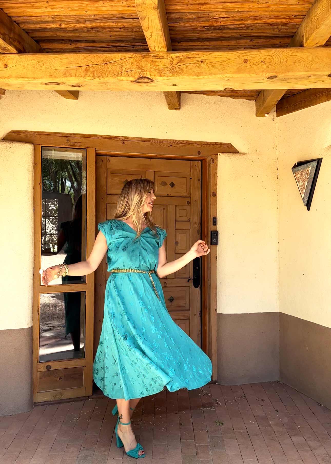 Vintage Sundress Sz. L Teal Floral Brocade Party Dress Midi Length Pocket Dress Size Large