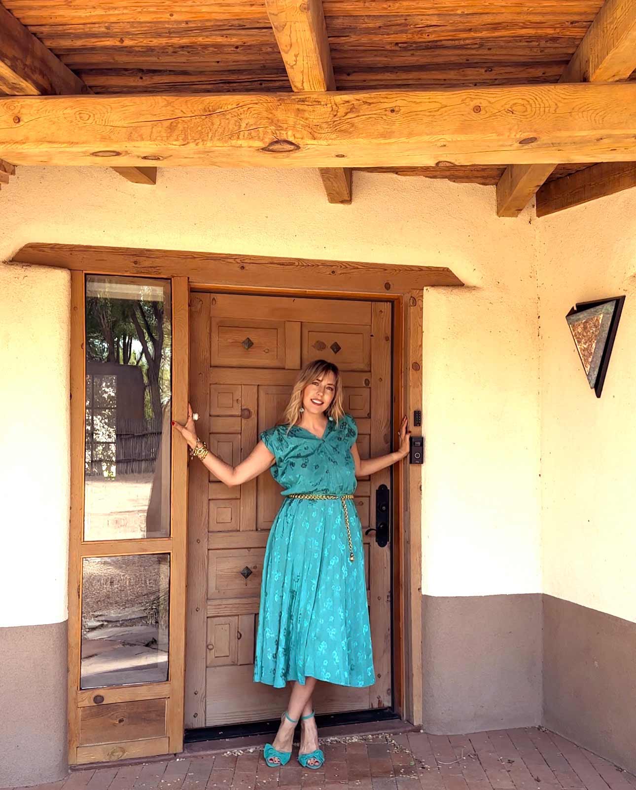 Vintage Sundress Sz. L Teal Floral Brocade Party Dress Midi Length Pocket Dress Size Large
