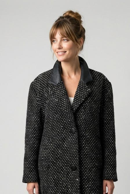 Vintage Tweed Wool Coat Leather Collar Winter Jacket Size Medium