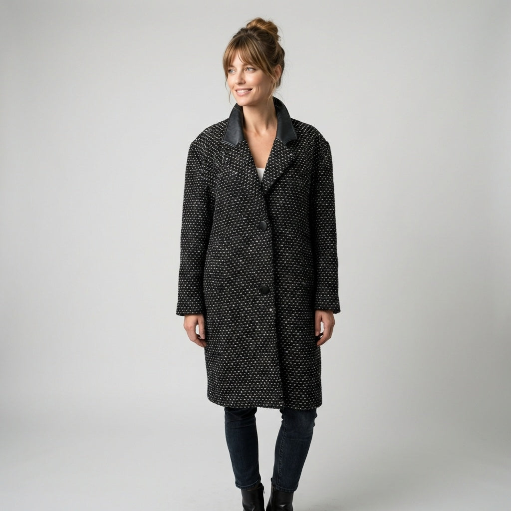 Vintage Tweed Wool Coat Leather Collar Winter Jacket Size Medium