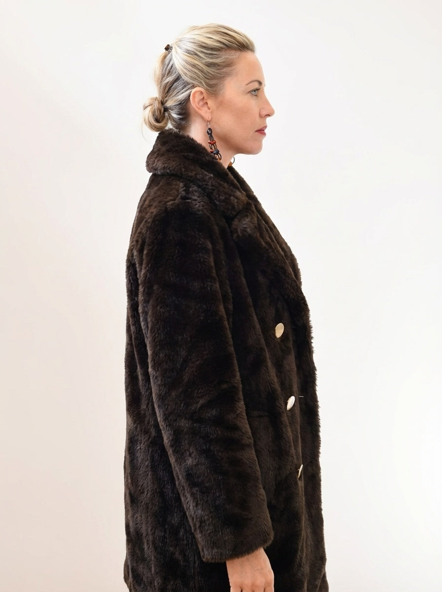 Vintage 70s Faux Fur Coat Brown Double Breasted Peacoat Winter Jacket
