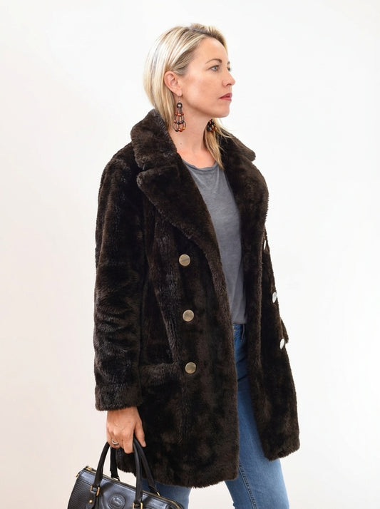 Vintage 70s Faux Fur Coat Brown Double Breasted Peacoat Winter Jacket
