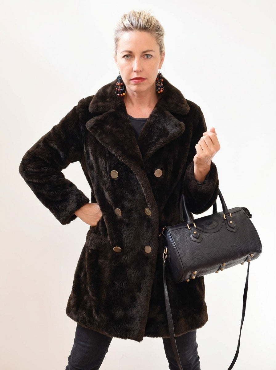 Vintage 70s Faux Fur Coat Brown Double Breasted Peacoat Winter Jacket
