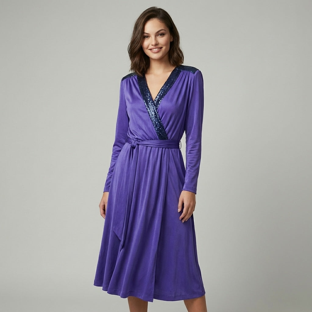 Vintage Purple DISCO Glam 70s 80s Wrap Beaded Party Dress Free Size