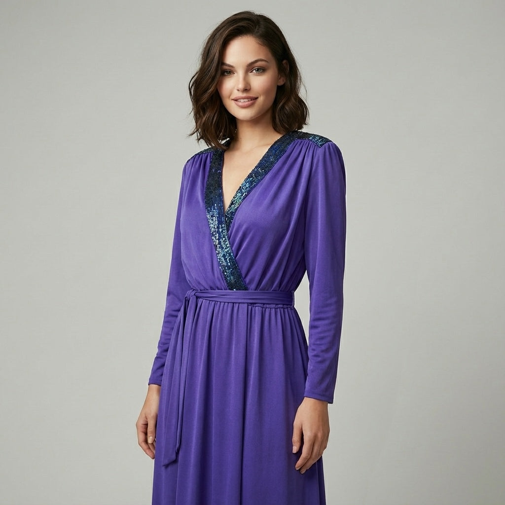 Vintage Purple DISCO Glam 70s 80s Wrap Beaded Party Dress Free Size