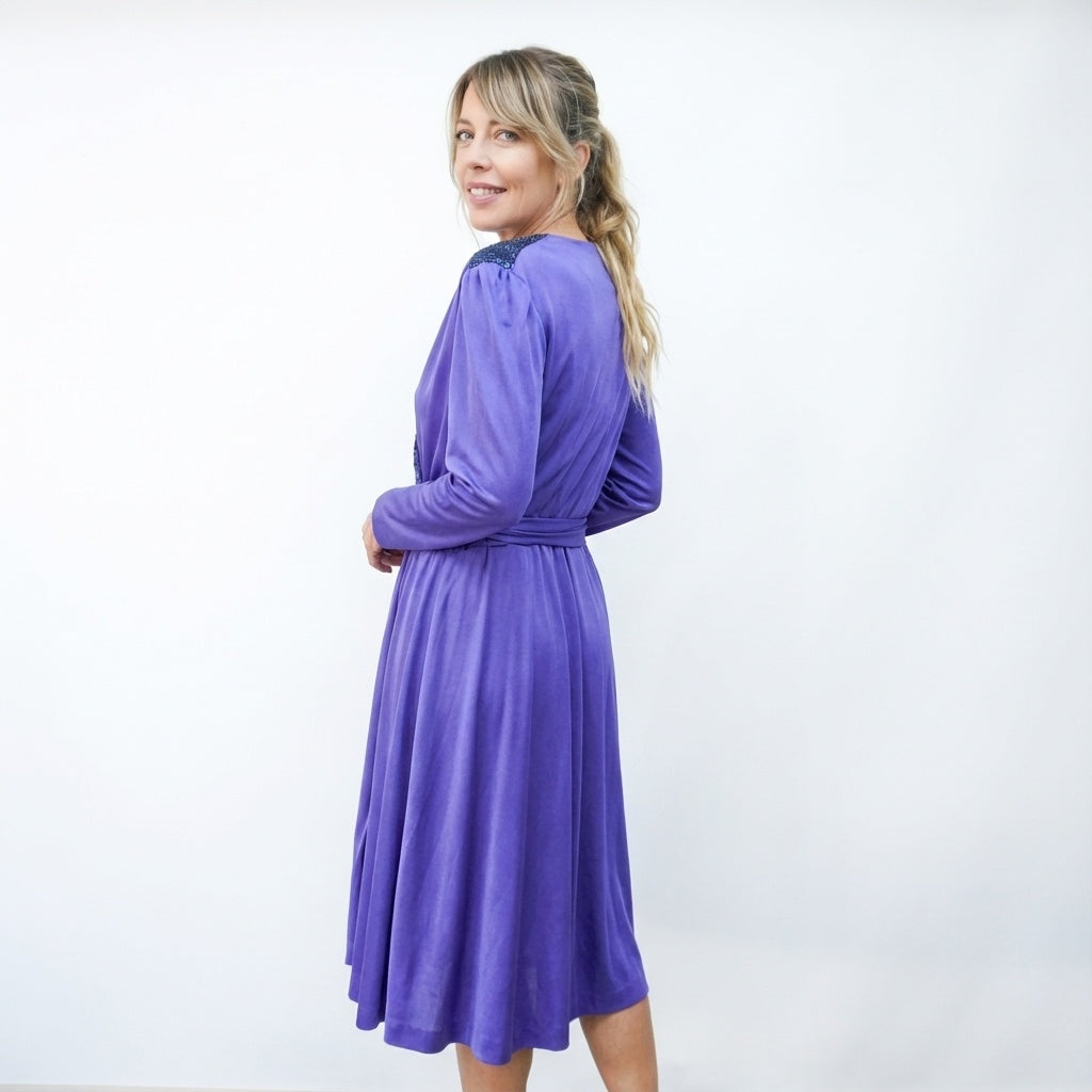 Vintage Purple DISCO Glam 70s 80s Wrap Beaded Party Dress Free Size