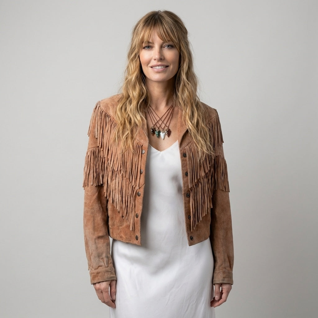 Vintage Suede Fringe Jacket 70s Cropped Western Boho Cowgirl Style Tan Brown Size S