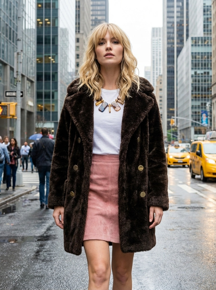 Vintage 70s Faux Fur Coat Brown Double Breasted Peacoat Winter Jacket