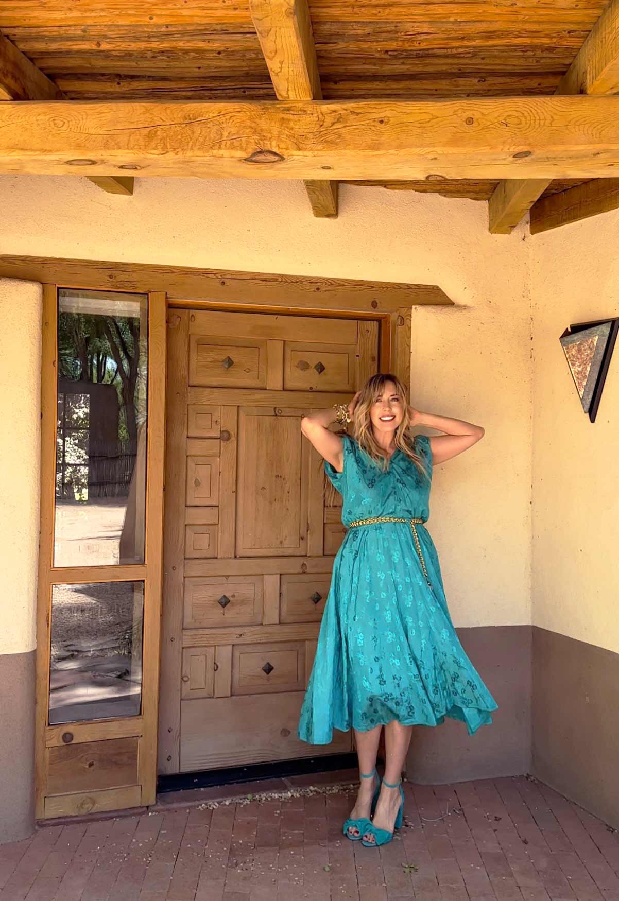 Vintage Sundress Sz. L Teal Floral Brocade Party Dress Midi Length Pocket Dress Size Large
