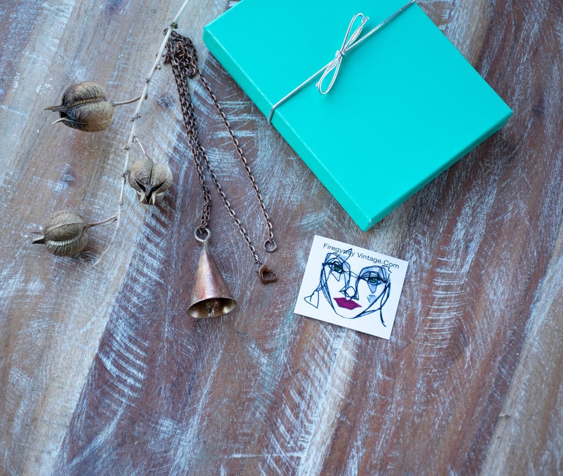 Bell Necklace Long Copper Golden Brass Statement Pendant Necklace