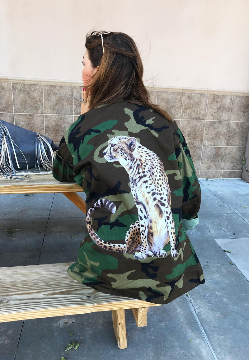 Camo Jacket with CHEETAH ALL SIZES Graphic Decorated Army Jacket Vintage Military Shirt Jacket