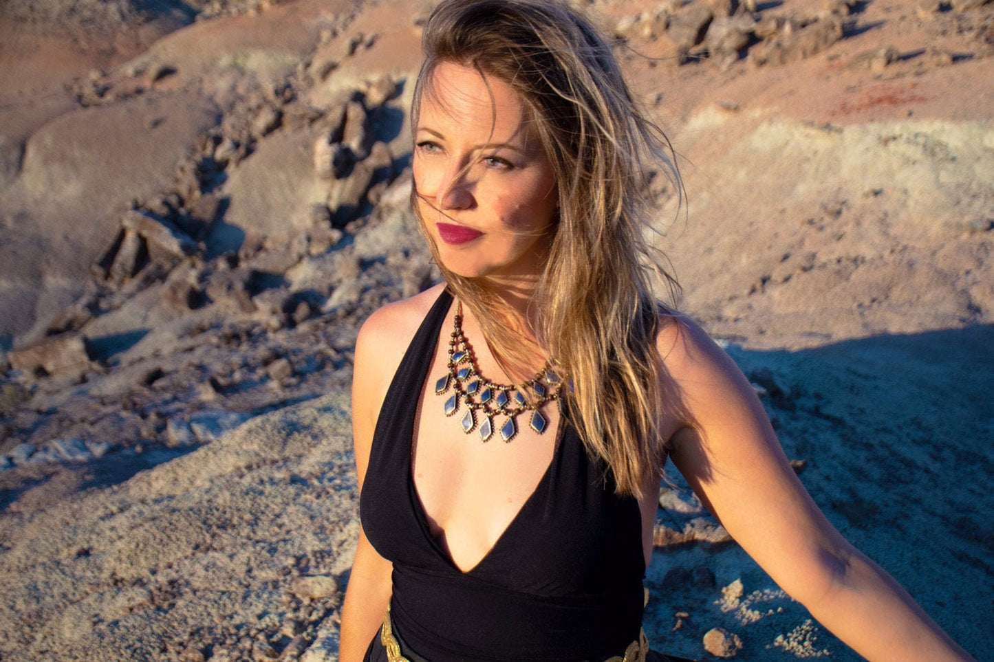 Boho Necklace Lapis Lazuli Blue Diamond Medallion Golden Brass Statement Vintage Necklace