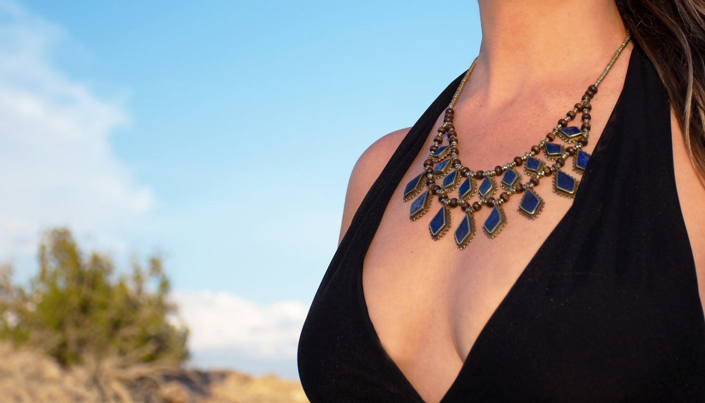 Boho Necklace Lapis Lazuli Blue Diamond Medallion Golden Brass Statement Vintage Necklace