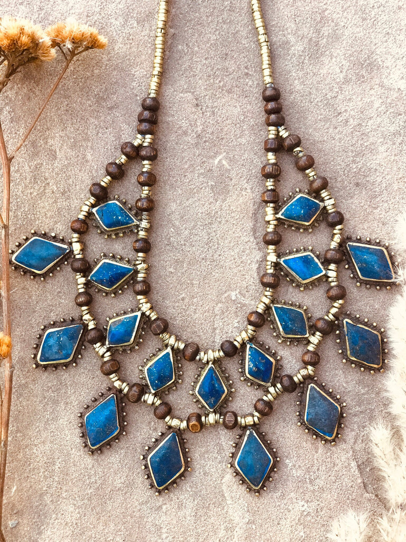 Boho Necklace Lapis Lazuli Blue Diamond Medallion Golden Brass Statement Vintage Necklace