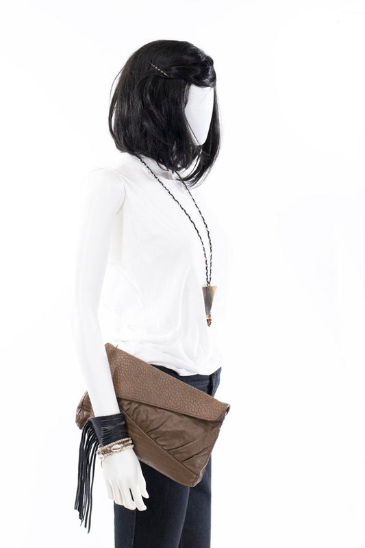 Leather Clutch Abstract Textured Taupe Leather Avant Garde Vintage 80s Bag