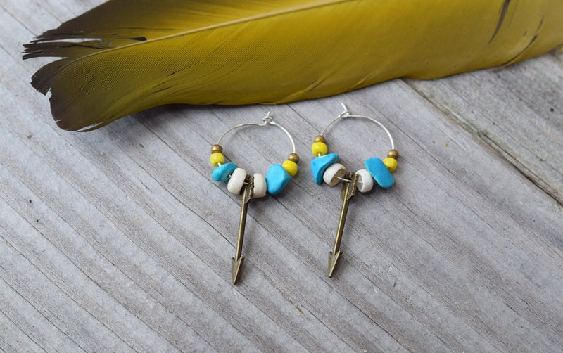 Tiny Dancer Earrings Sterling Sliver hoop Arrow Turquoise Chunks Seashell Earrings |Made to order Great Gift