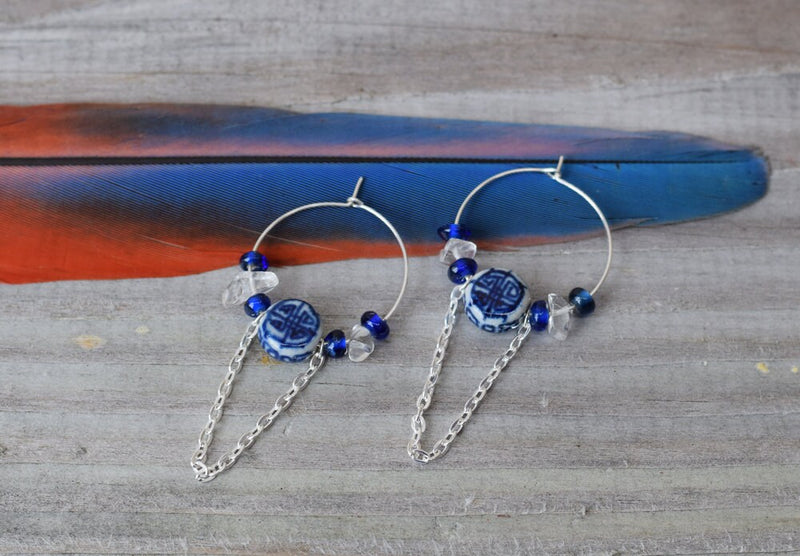 Blue Earrings Sterling Sliver hoop Beaded Crystal Chain Earrings
