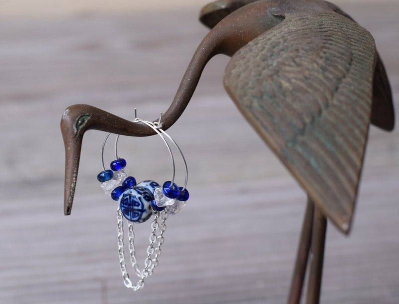 Blue Earrings Sterling Sliver hoop Beaded Crystal Chain Earrings