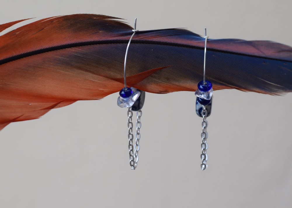 Blue Earrings Sterling Sliver hoop Beaded Crystal Chain Earrings