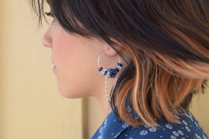 Blue Earrings Sterling Sliver hoop Beaded Crystal Chain Earrings