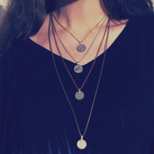 Moon Necklace Boho Coin Long or Short Pendant Necklace Brass Copper Silver Gold Customizable