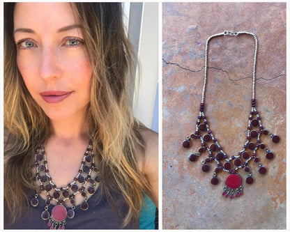 Boho Necklace Turkish Medallion Burgundy Black Blue Turquoise Silver Statement Vintage Necklace