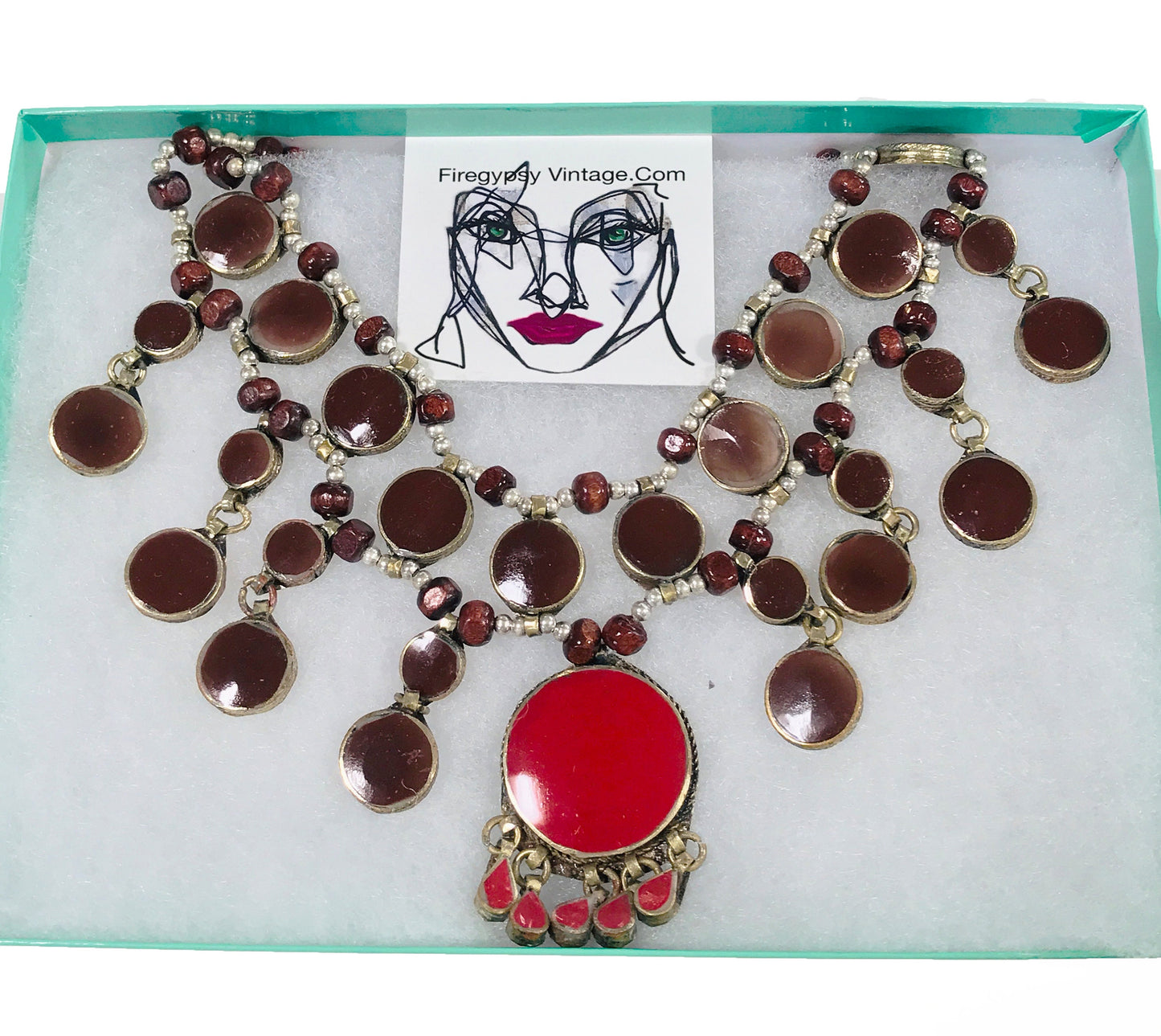 Boho Necklace Turkish Medallion Burgundy Black Blue Turquoise Silver Statement Vintage Necklace