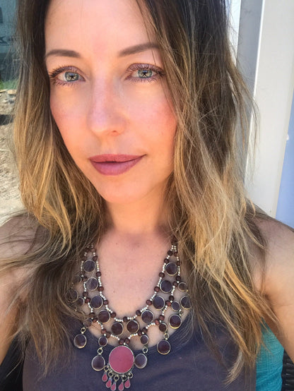 Boho Necklace Turkish Medallion Burgundy Black Blue Turquoise Silver Statement Vintage Necklace