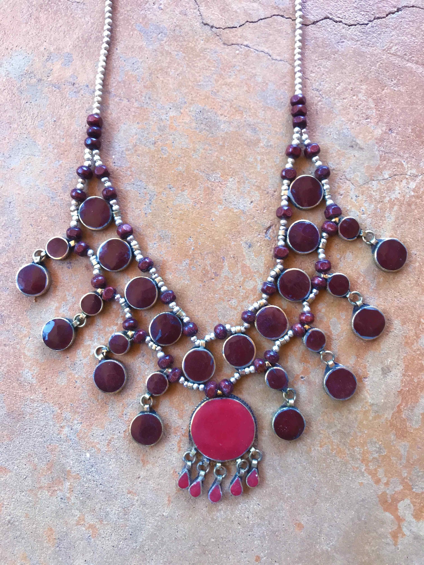 Boho Necklace Turkish Medallion Burgundy Black Blue Turquoise Silver Statement Vintage Necklace