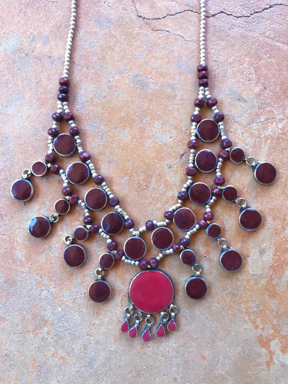 Boho Necklace Turkish Medallion Burgundy Black Blue Turquoise Silver Statement Vintage Necklace
