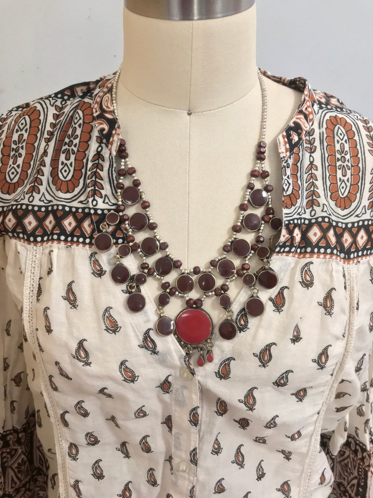 Boho Necklace Turkish Medallion Burgundy Black Blue Turquoise Silver Statement Vintage Necklace