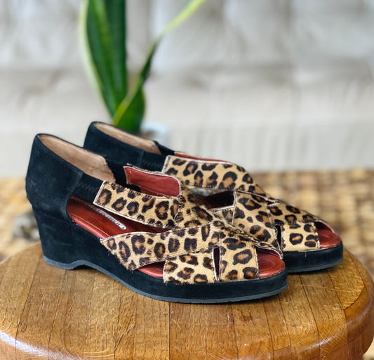 Couture Heels Size 9.5 DONALD PLINER  Leopard Sandals Wedges Spain Size 9 1/2
