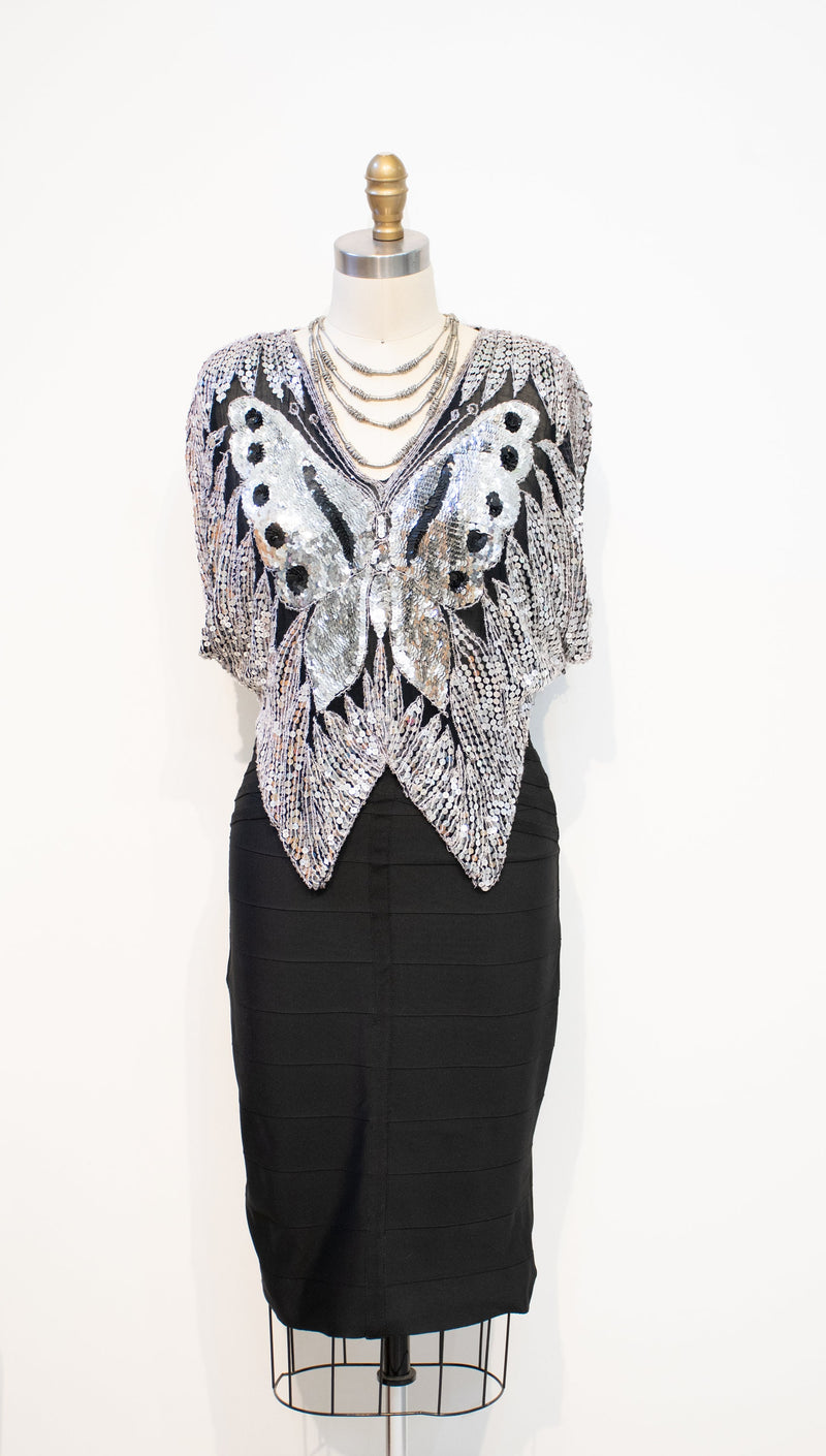 Vintage 1970s Sequins Top BUTTERFLY Blouse DISCO Cropped Silver Batwing Shirt