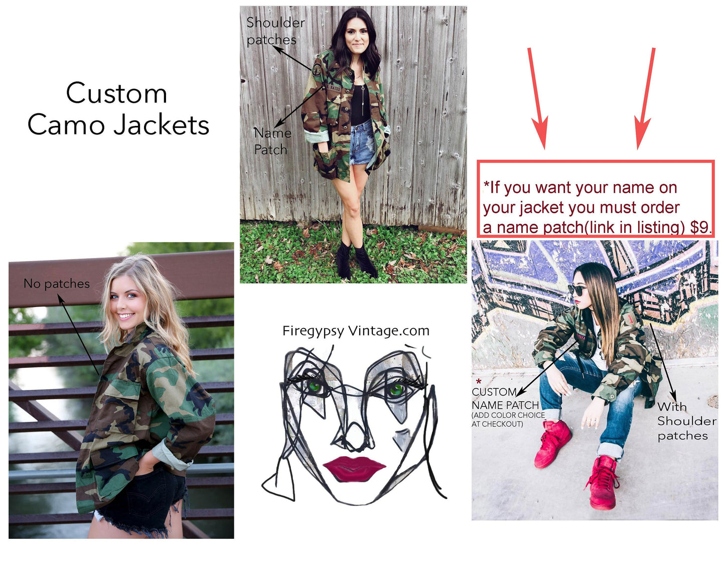 Camo Jacket with Bite Lip SEQUINS PATCH Decorated Army Jacket Vintage Military Shirt Jacket All Sizes