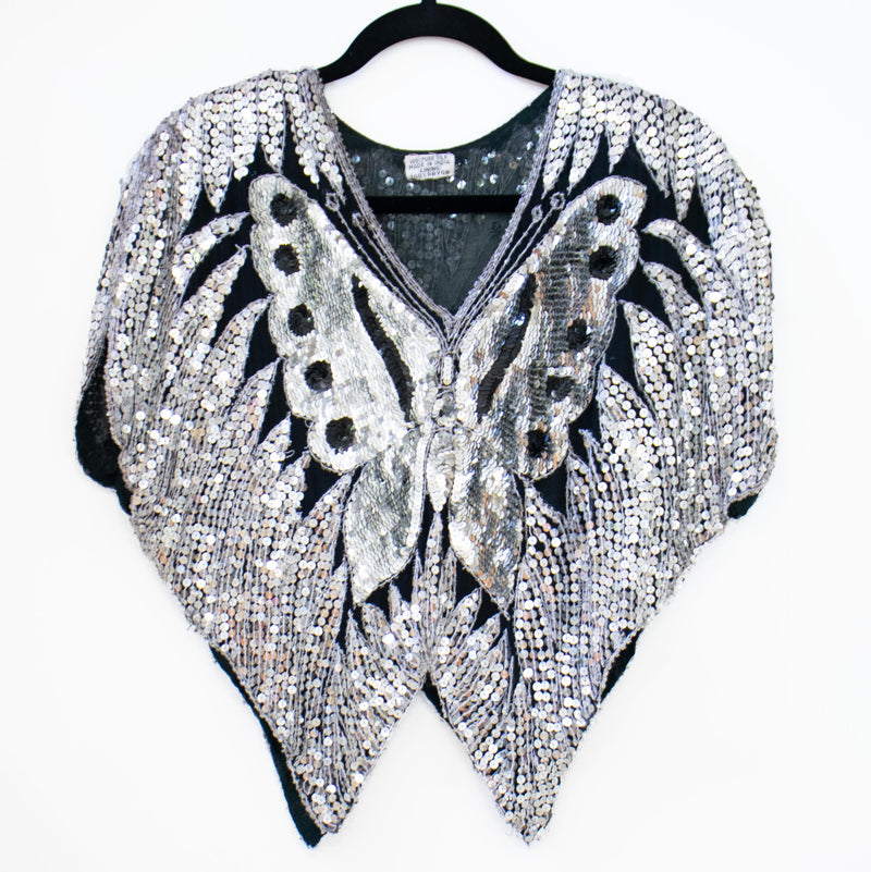 Vintage 1970s Sequins Top BUTTERFLY Blouse DISCO Cropped Silver Batwing Shirt
